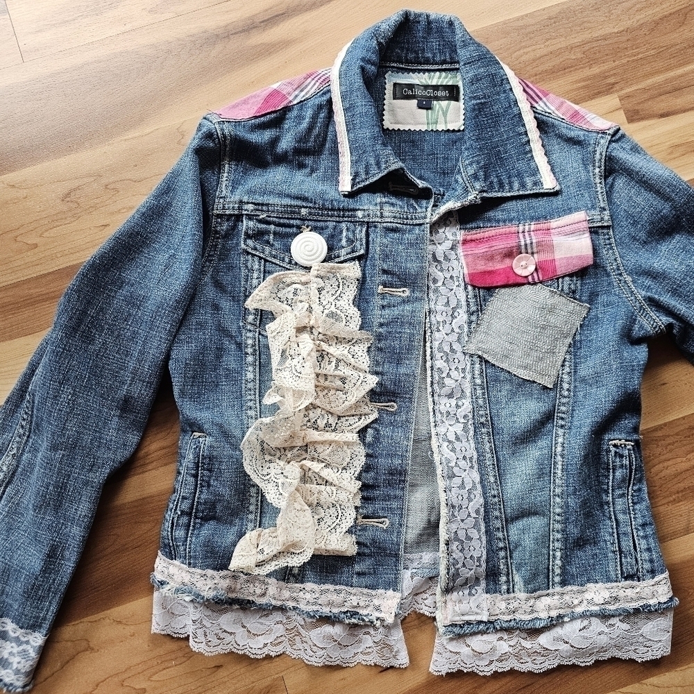 Boho Patchwork Embellished Upcycled Denim Jean jacket Artisan NWT Bohemian - Picture 7 of 9